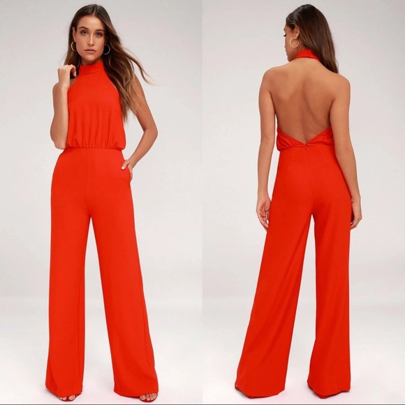 Lulus Pants - Lulus Moment for Life Red Halter Wide Leg Backless Jumpsuit
